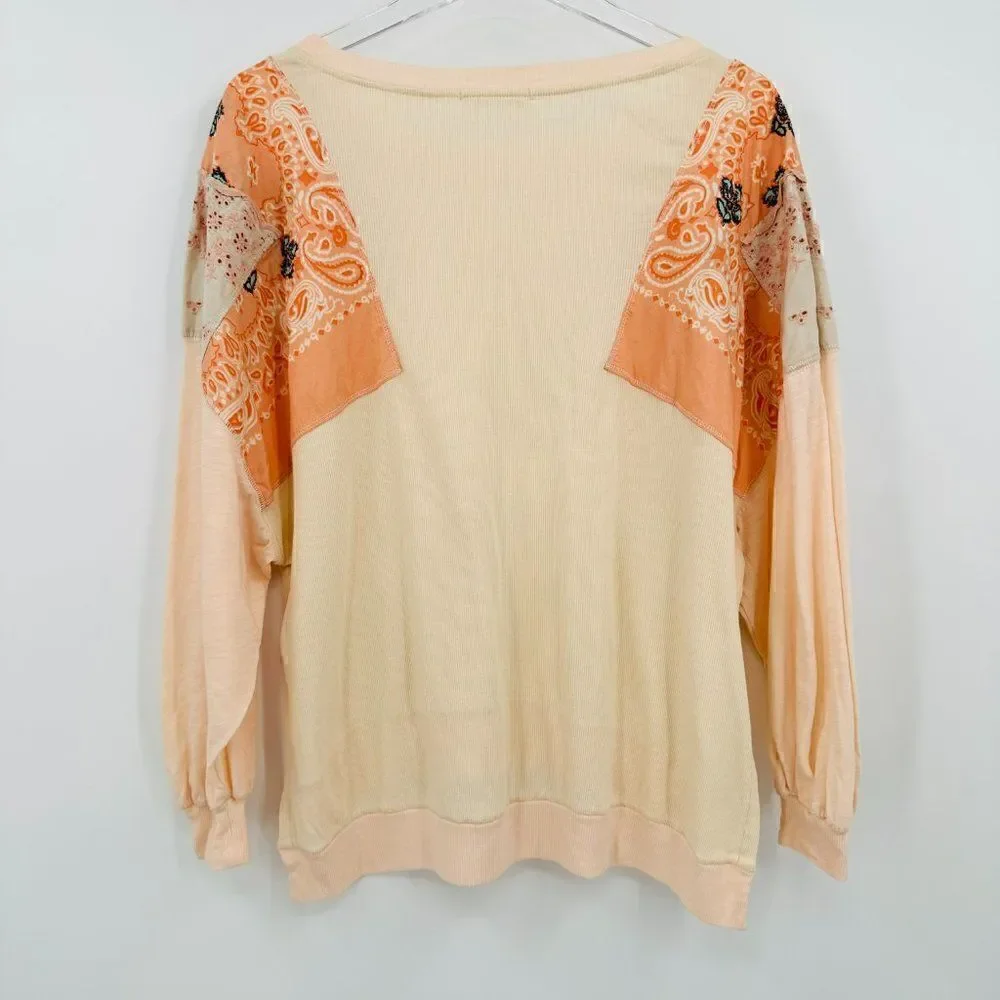 Free People Size Medium Slouchy Oversized Feelin It Patchwork Embroidered Shirt